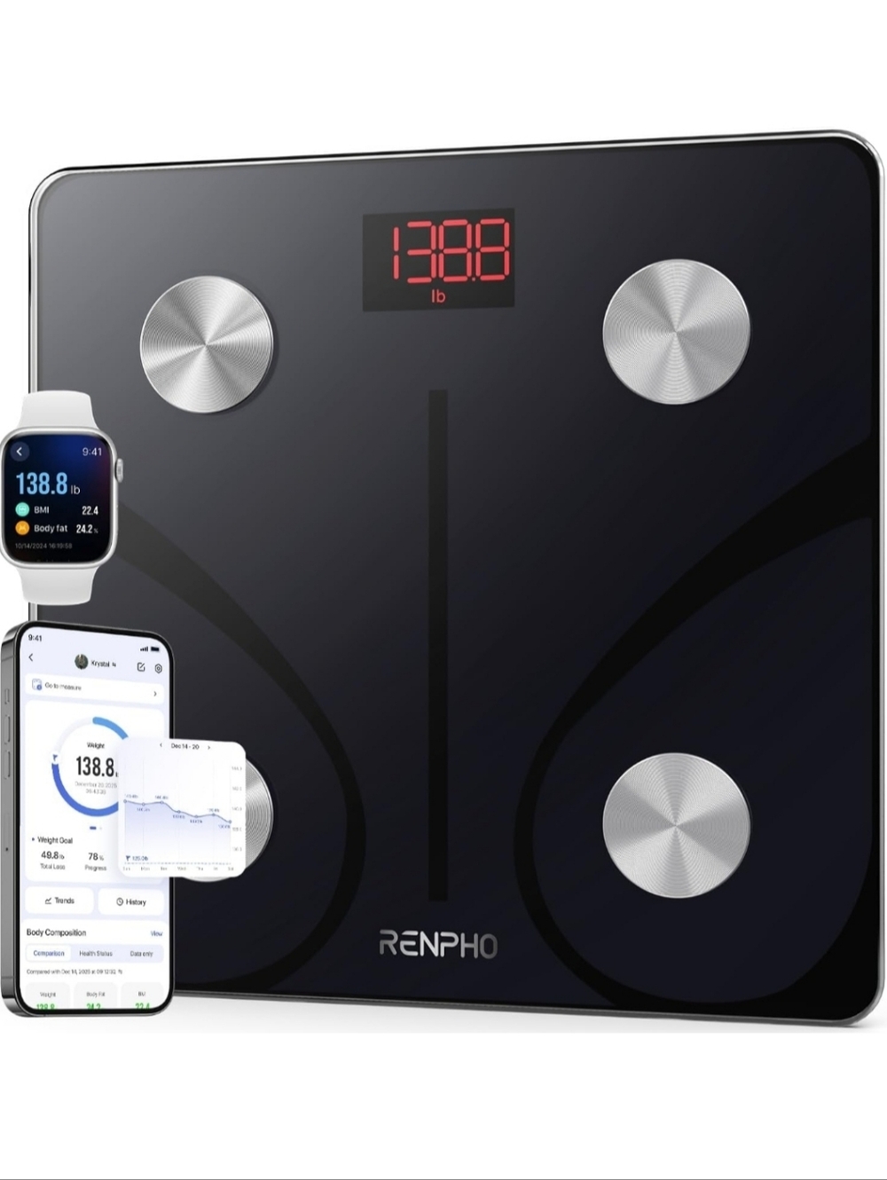 RENPHO Glass Body Composition Scale Elis 1, Track Metrics Thru App, Black NEW
